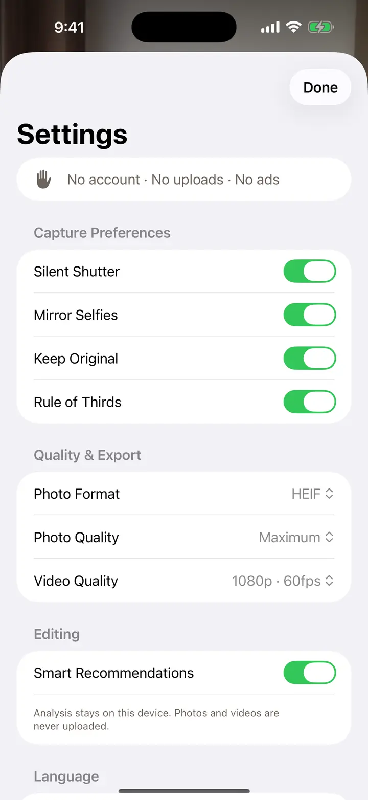 The privacy section in BOMUL Camera's settings